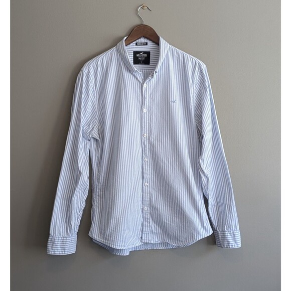 Hollister Size Large Muscle Fit Shirt Blue Stripe Epic Flex Stretch Mens Button - Picture 1 of 5